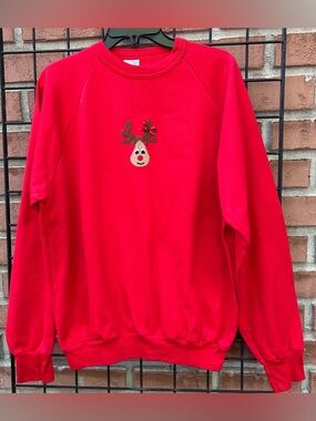 Vintage Alore Red Crewneck Sweater with Reindeer Motif